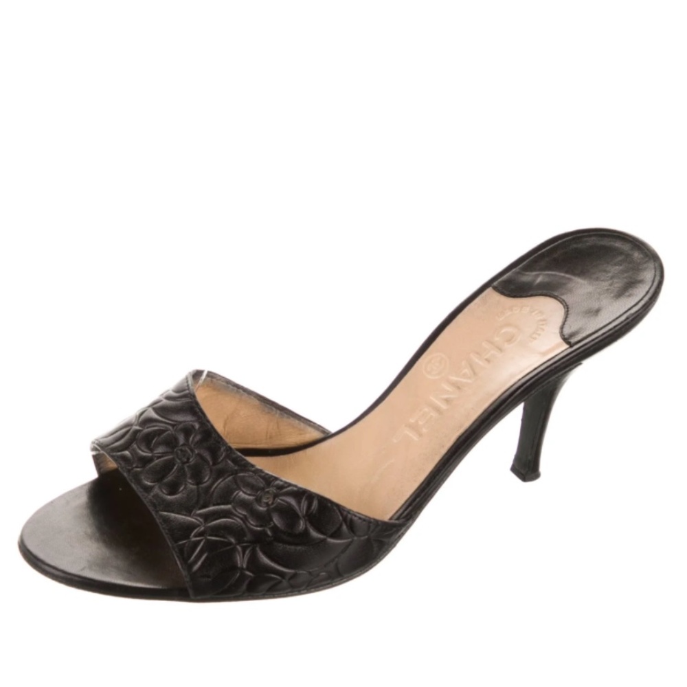 CHANEL Camellia Coco Floral Logo Embossed Leather Mule Sandal Heels Black 36.5